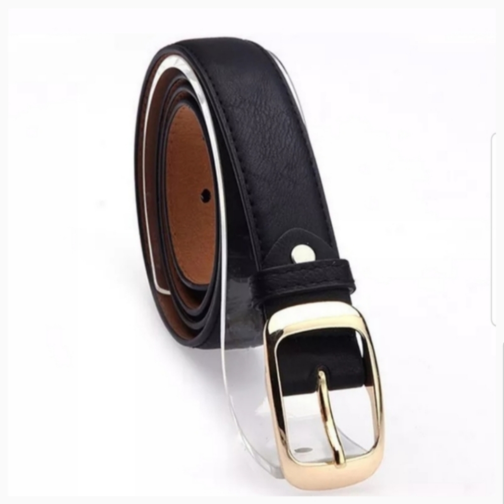 Black belt, rectangular gold buckle